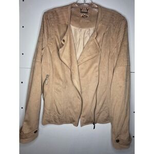 591 Odyn Womens Tan Faux Suede Moto Jacket Asymmetrical Zip Quilted Shoulder LG